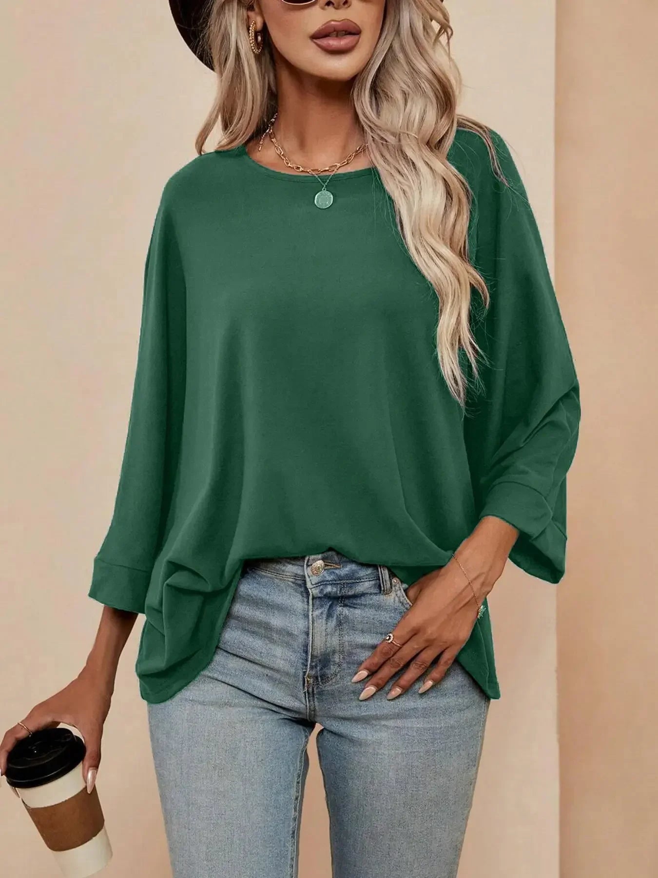 Plus Size Women's Fashionable Spring Autumn Long Sleeved T-shirt Ladies Casual O-neck Solid Color Bat Sleeve T-shirt Loose Tops