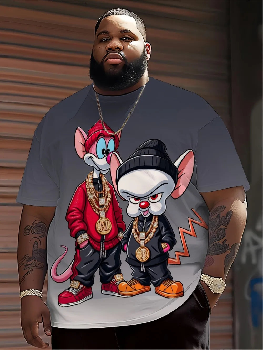 Men's Hip Hop Cartoon Animal Printed Round Neck T-shirt 100%