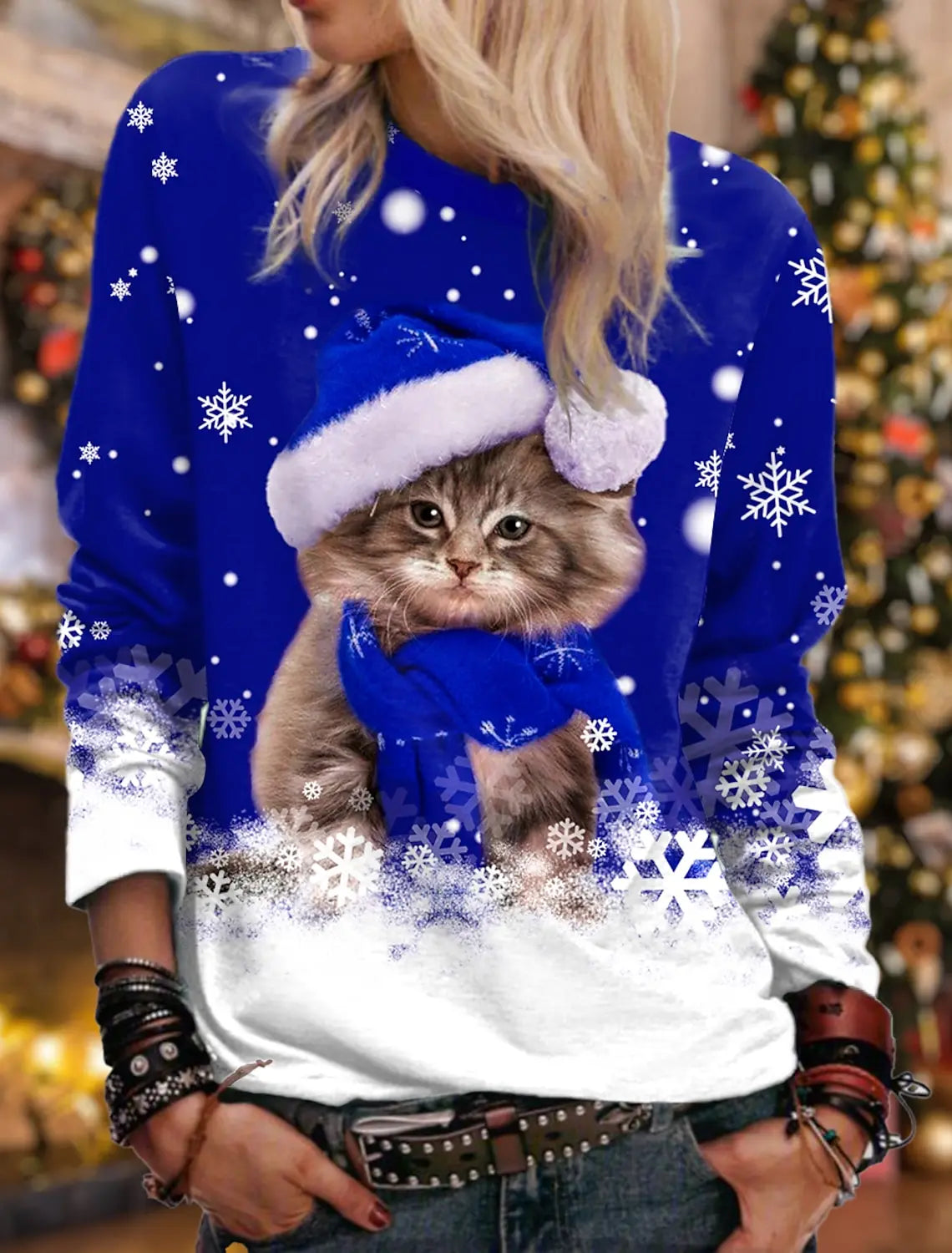Christmas Women's Sweatshirt Cat Sportswear Holiday Print Christmas Casual Round Neck Long Sleeve Top Micro Stretch S-3XL