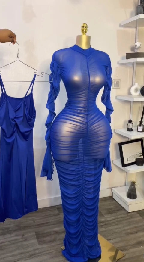 2026 Women Flare Long Sleeve Stacked Ruched Mesh See Though with Tank Dress Maxi Long Dress 2025 Birthday Sexy Party Dresses