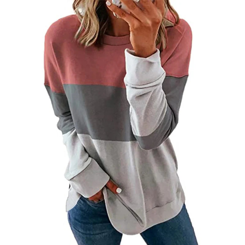 Big Size Women's Casual Long Sleeve Round Neck Colorblocking T-Shirt