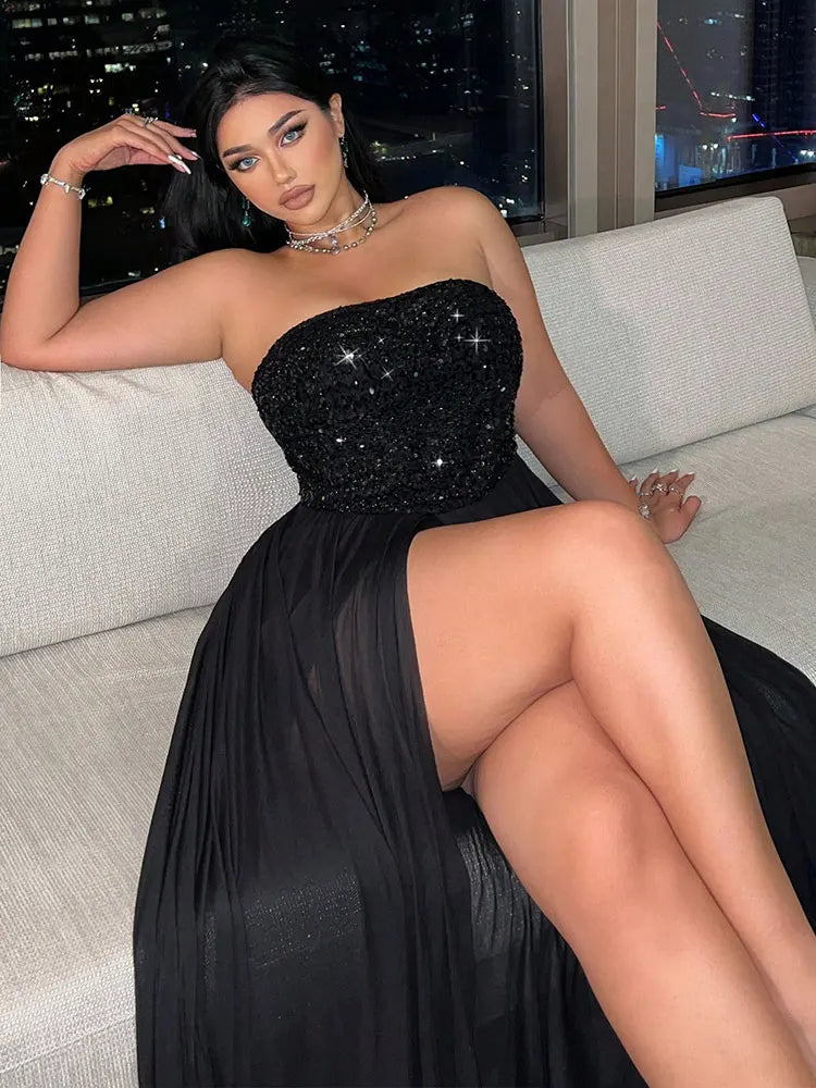 New Plus-Size Elegant Sequined Strapless Slit Dress Women Party Evening Maxi Dresses Black Flowy Wedding Vacation Long Sundress