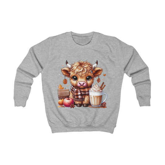 Kids Sweatshirt — Cozy Autumn Highland Cow with Pumpkin Spice Latte Graphic