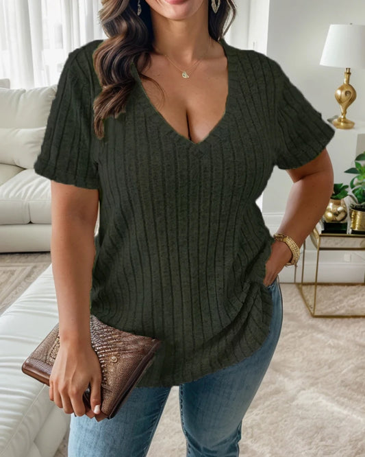 European and American Cross Border Plus Size Women's V Neck Striped Tops T Shirts