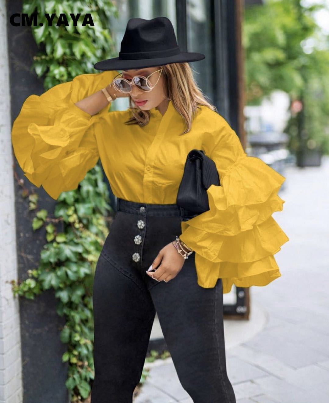 CM.YAYA Women Shirts Solid Full Ruffles Sleeve Turn-down Collar Single Breasted Loose Shirts Office Lady Streetwear Summer Tops