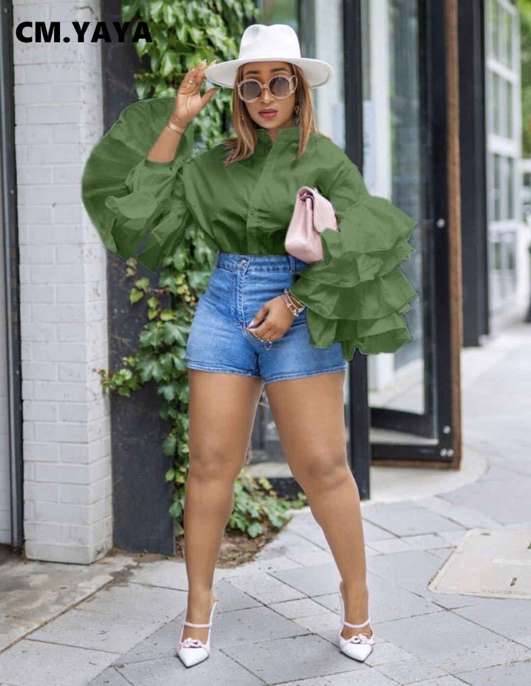 CM.YAYA Women Shirts Solid Full Ruffles Sleeve Turn-down Collar Single Breasted Loose Shirts Office Lady Streetwear Summer Tops