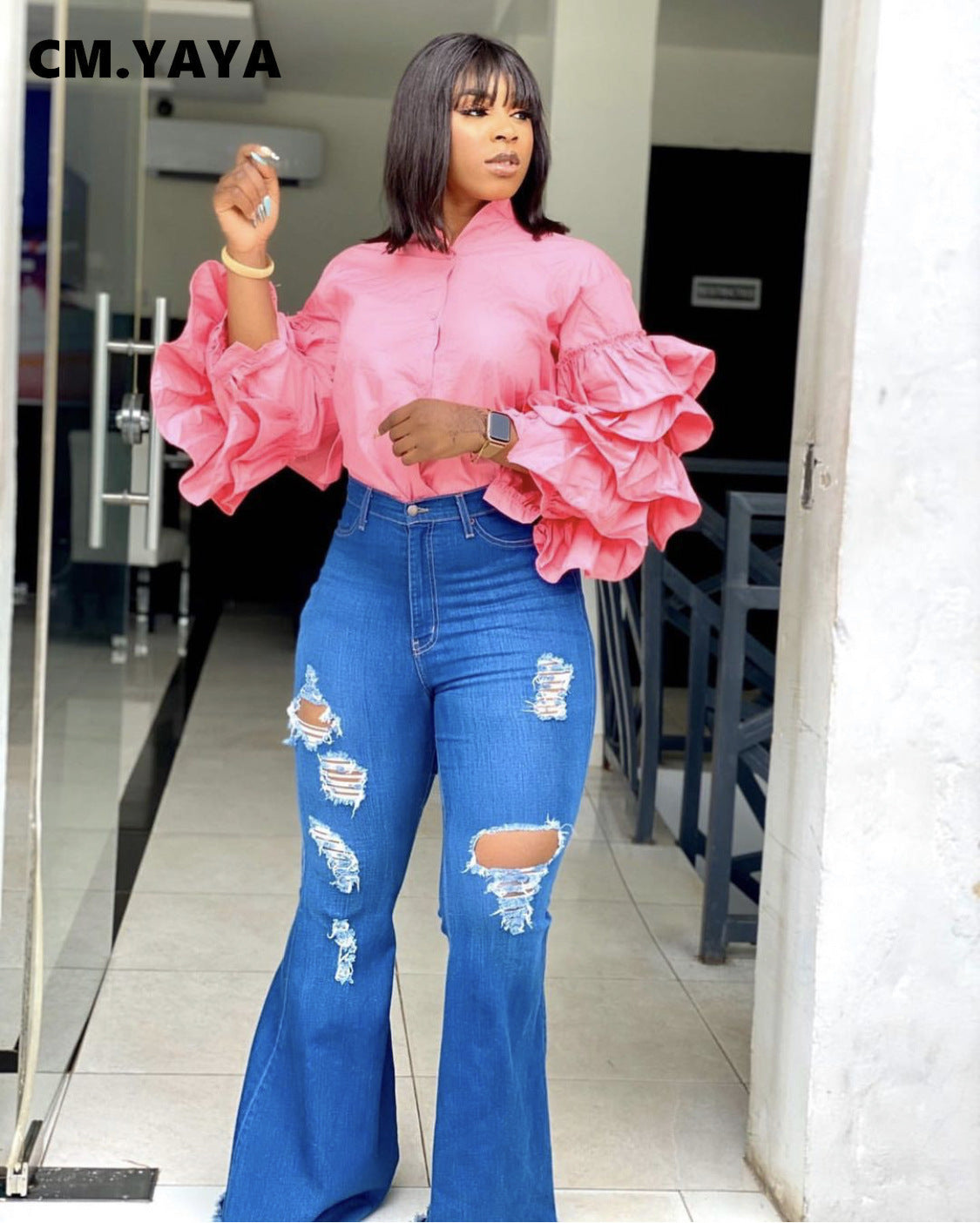 CM.YAYA Women Shirts Solid Full Ruffles Sleeve Turn-down Collar Single Breasted Loose Shirts Office Lady Streetwear Summer Tops