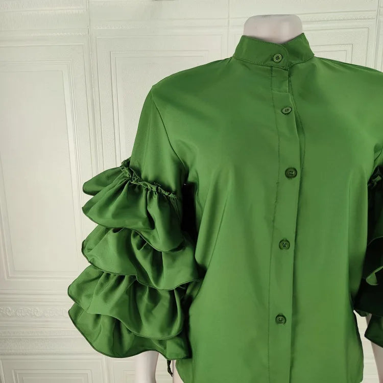 CM.YAYA Women Shirts Solid Full Ruffles Sleeve Turn-down Collar Single Breasted Loose Shirts Office Lady Streetwear Summer Tops