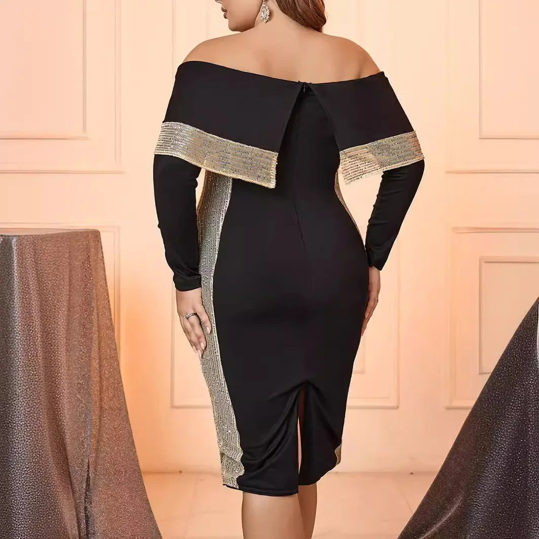 Plus Size Sexy Slim Fit Long Sleeve One Shoulder Glitter Dress for Women plus Size Fashionable Spring Summer Dress Polyester ...