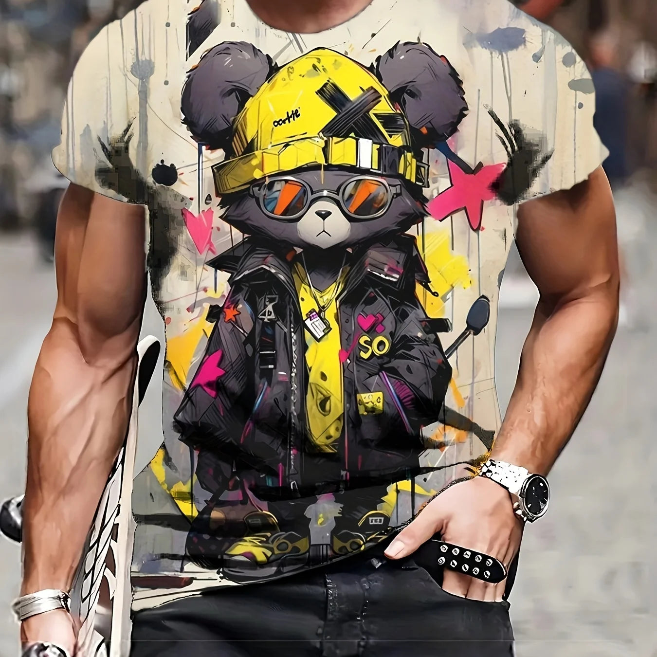Hip-hop Style Cartoon Bear Printed Men's T-shirt Summer Casual Daily Tops Fashion Men's Oversized Fitness Short-sleeved T-shirt