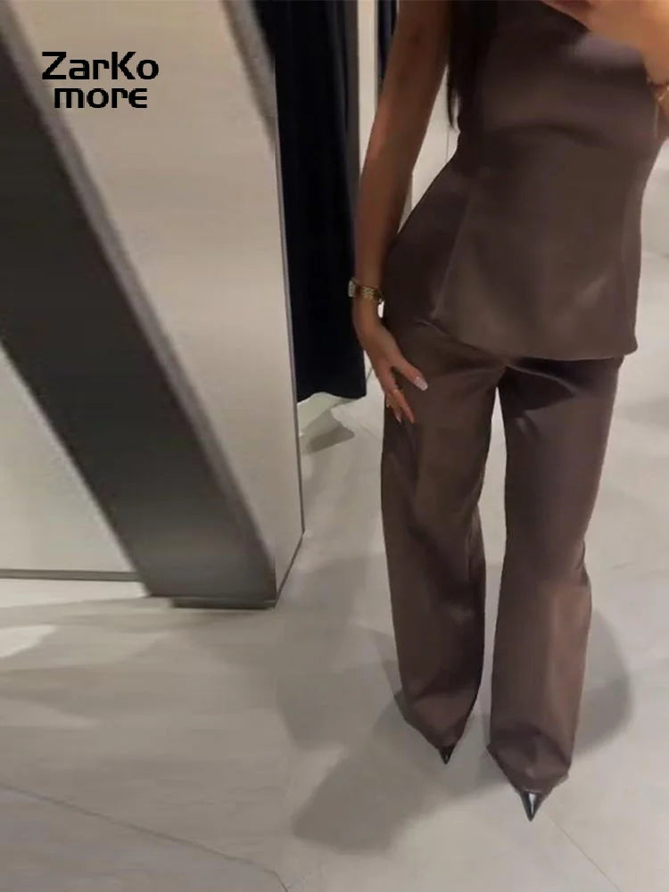 Elegant Brown Satin Strapless Top Pants Set Women Sleeveless Backless Vest Wide Leg Trousers 2025 Winter Lady Chic Party Suit