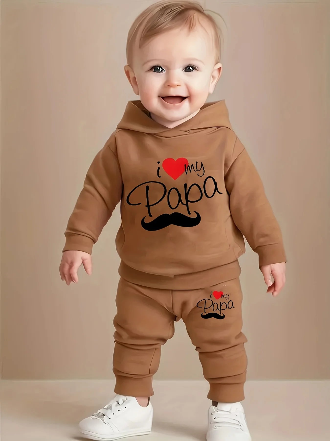 Newborn Baby Boy Long Sleeve Fleece Hoodie with Cartoon Letter Heart Print  Casual Sports Pants Set Autumn Winter