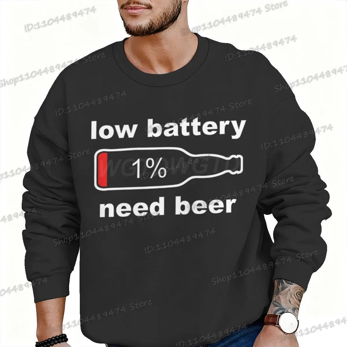 Funny "Low Battery 1% Beed Beer" Men's Sweatshirt Fashion Street Casual Loose Beer Lover Gifts Pullover Unisex Beer Sweatshirts