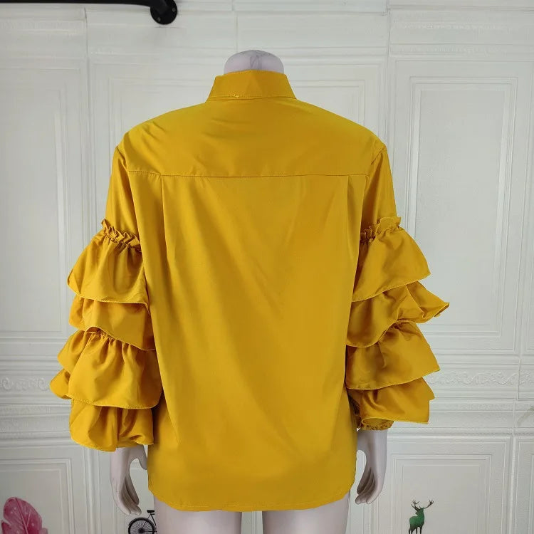 CM.YAYA Women Shirts Solid Full Ruffles Sleeve Turn-down Collar Single Breasted Loose Shirts Office Lady Streetwear Summer Tops