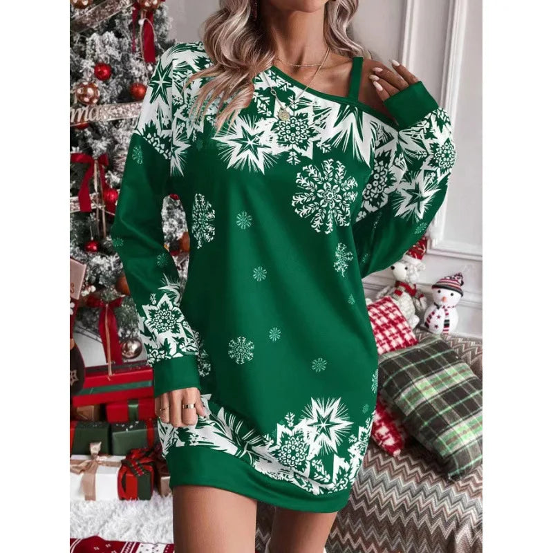 New Christmas Snowflake Print Off Shoulder Package Hip Dress Woman Fashion Winter Long Sleeve Loose Party Mini Dresses For Women