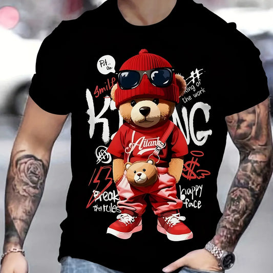 Hip-hop Style Cartoon Bear Printed Men's T-shirt Summer Casual Daily Tops Fashion Men's Oversized Fitness Short-sleeved T-shirt