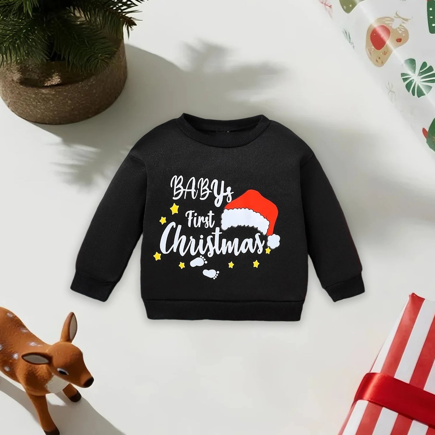 Blotona Toddler Baby Girl Boy Christmas Sweatshirt Letters Santa Hat Print Pullover Crew Neck Long Sleeve Tops