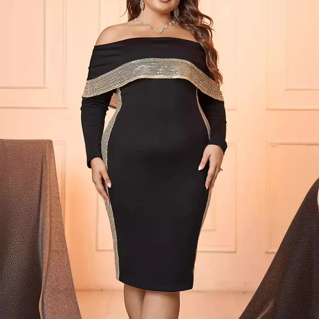 Plus Size Sexy Slim Fit Long Sleeve One Shoulder Glitter Dress for Women plus Size Fashionable Spring Summer Dress Polyester ...