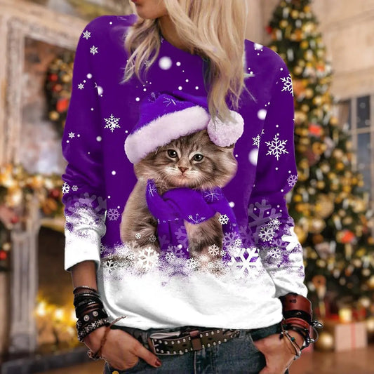 Christmas Women's Sweatshirt Cat Sportswear Holiday Print Christmas Casual Round Neck Long Sleeve Top Micro Stretch S-3XL