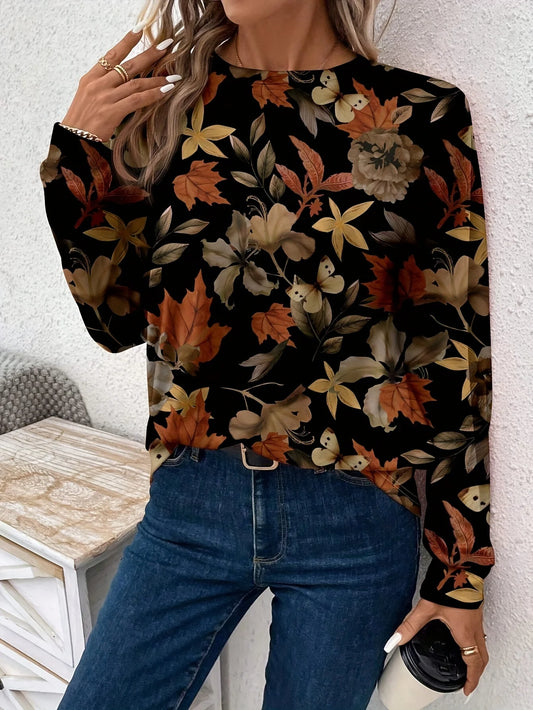 Plus Size Europe and the United States cross-border Spring and Autumn  new full-body printed crewneck long-sleeved top