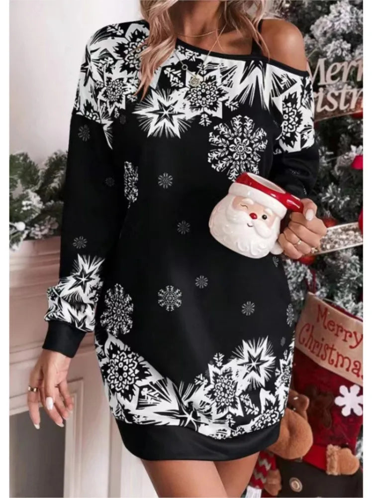 New Christmas Snowflake Print Off Shoulder Package Hip Dress Woman Fashion Winter Long Sleeve Loose Party Mini Dresses For Women