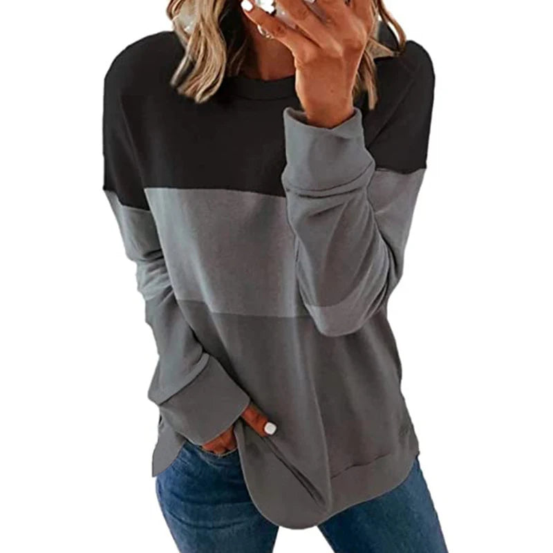 Big Size Women's Casual Long Sleeve Round Neck Colorblocking T-Shirt