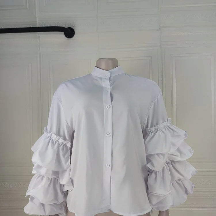 CM.YAYA Women Shirts Solid Full Ruffles Sleeve Turn-down Collar Single Breasted Loose Shirts Office Lady Streetwear Summer Tops