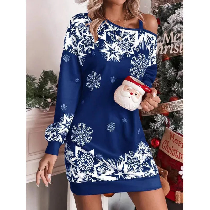 New Christmas Snowflake Print Off Shoulder Package Hip Dress Woman Fashion Winter Long Sleeve Loose Party Mini Dresses For Women
