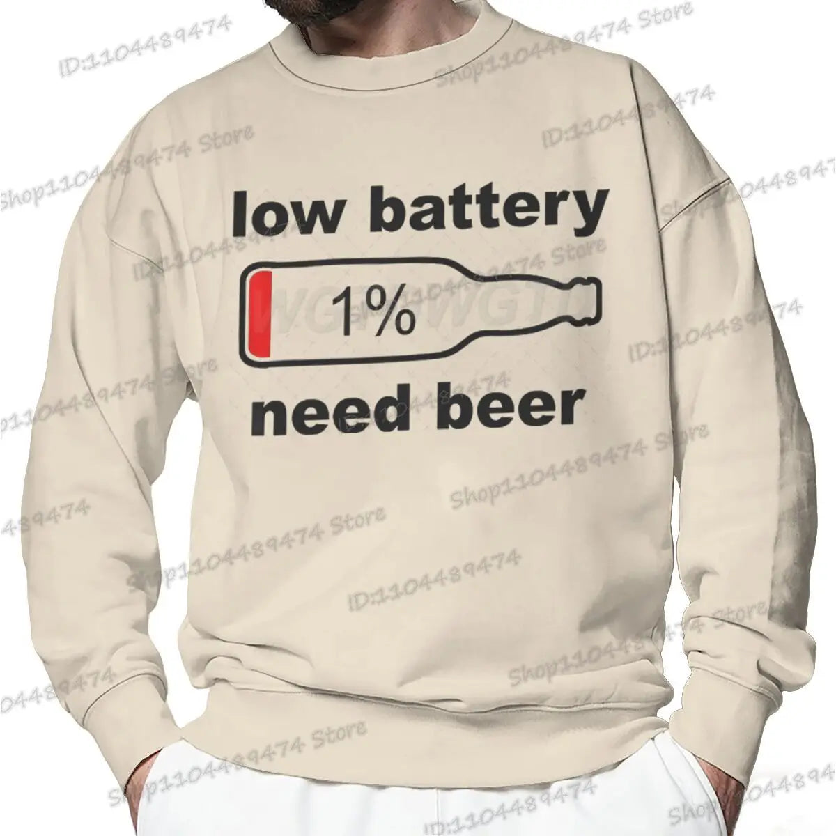 Funny "Low Battery 1% Beed Beer" Men's Sweatshirt Fashion Street Casual Loose Beer Lover Gifts Pullover Unisex Beer Sweatshirts