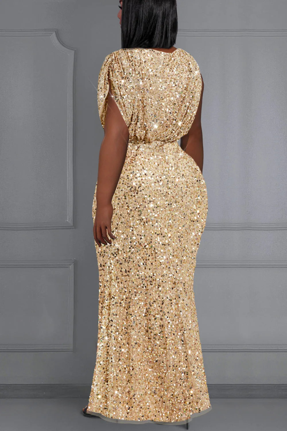 plus Size Gold V-Neck Split Sequin Maxi Dress Elegant Formal Gown for Women