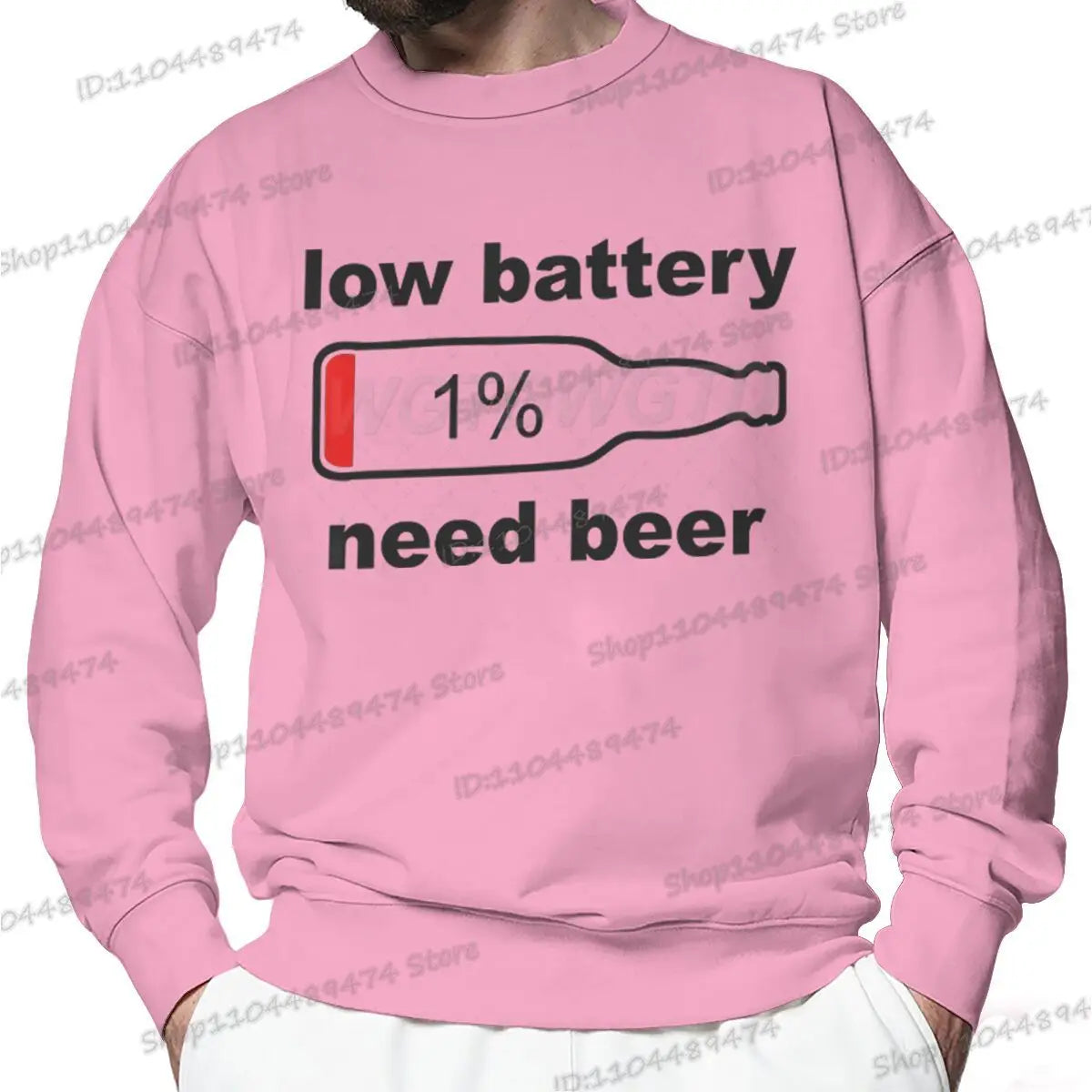 Funny "Low Battery 1% Beed Beer" Men's Sweatshirt Fashion Street Casual Loose Beer Lover Gifts Pullover Unisex Beer Sweatshirts