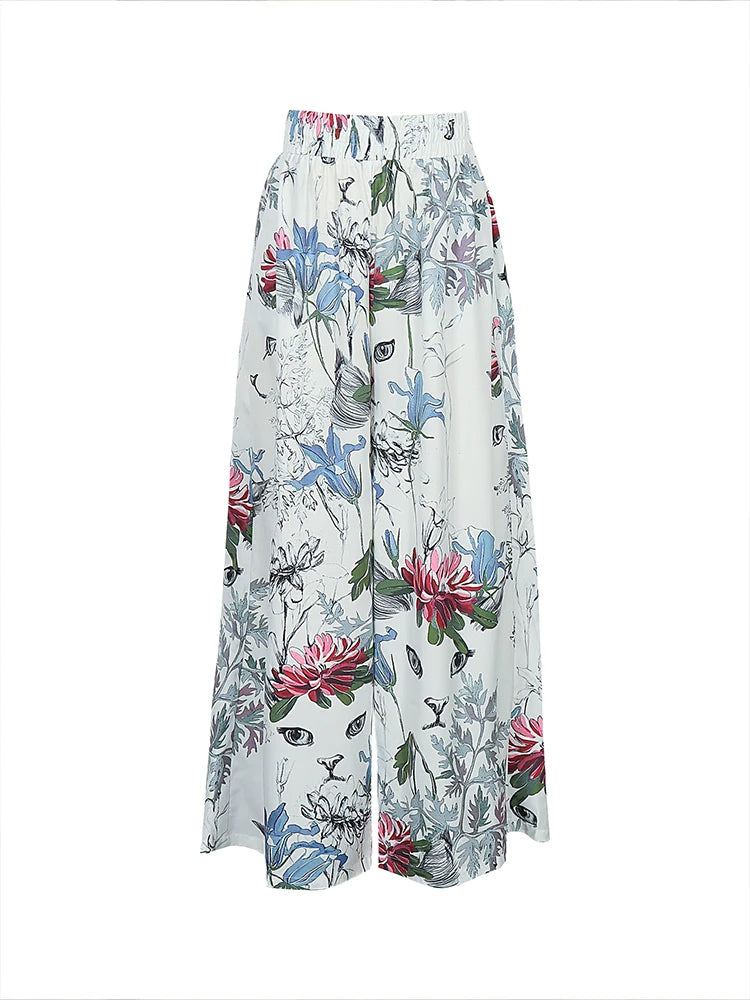 Summer plus Size 5XL Wide Leg Pants Contrast Print Pattern Fashionable Trendy Versatile Women's Elastic Waist Casual Trousers