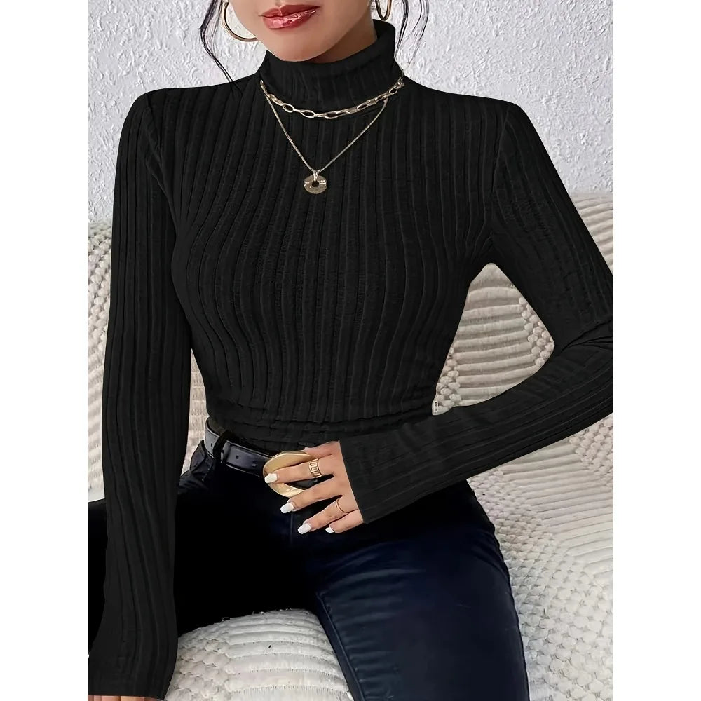 Plus Size 1XL-5XL Women's Slim Fit Ribbed Knit Turtleneck Knitted Sweater Long Sleeve Light Gray Elegant Versatile Pullover Top