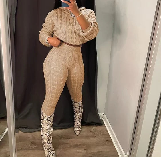 2 Piece Sets Womens Outfits Fashion Long Sleeve Cable Knit Hooded Sweater