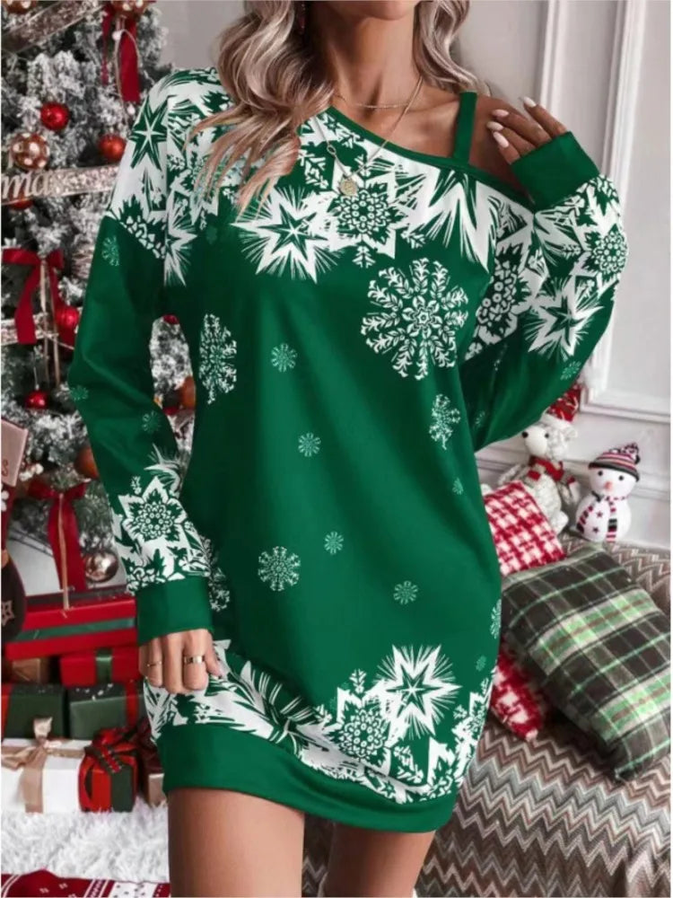 New Christmas Snowflake Print Off Shoulder Package Hip Dress Woman Fashion Winter Long Sleeve Loose Party Mini Dresses For Women