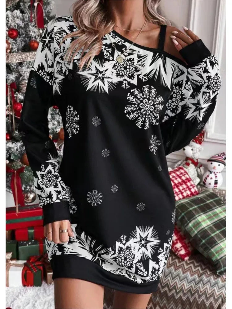 New Christmas Snowflake Print Off Shoulder Package Hip Dress Woman Fashion Winter Long Sleeve Loose Party Mini Dresses For Women