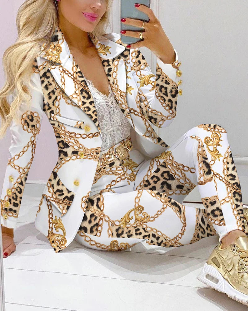 2026 Femme Formal Jacket & Trousers Office Lady Outfits Autumn Women two Pieces set Chain Print Blazer Coat & Pants Suit Sets
