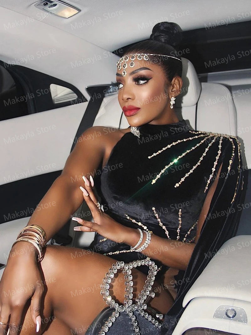 Velvet Black Sexy Long Prom Dresses Crystals Sparkly High Split Black Girl Women Elegant Party Evening Gowns Custom Made