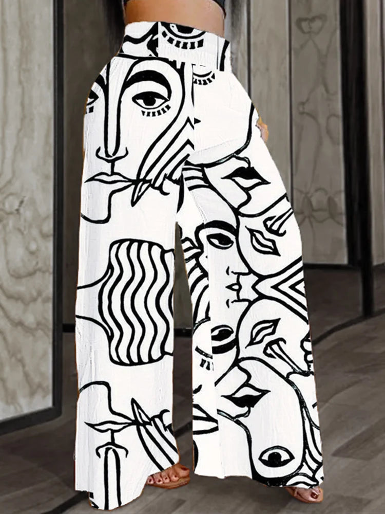 Summer plus Size 5XL Wide Leg Pants Contrast Print Pattern Fashionable Trendy Versatile Women's Elastic Waist Casual Trousers