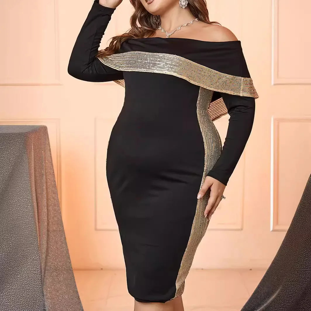 Plus Size Sexy Slim Fit Long Sleeve One Shoulder Glitter Dress for Women plus Size Fashionable Spring Summer Dress Polyester ...
