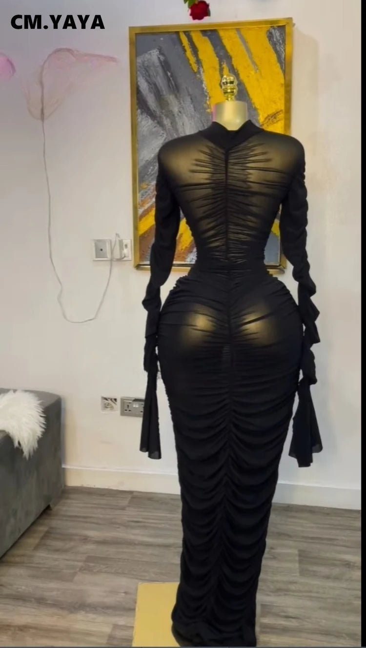 2026 Women Flare Long Sleeve Stacked Ruched Mesh See Though with Tank Dress Maxi Long Dress 2025 Birthday Sexy Party Dresses