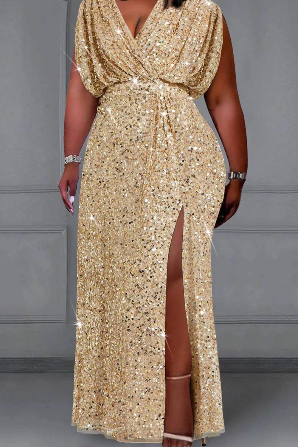 plus Size Gold V-Neck Split Sequin Maxi Dress Elegant Formal Gown for Women
