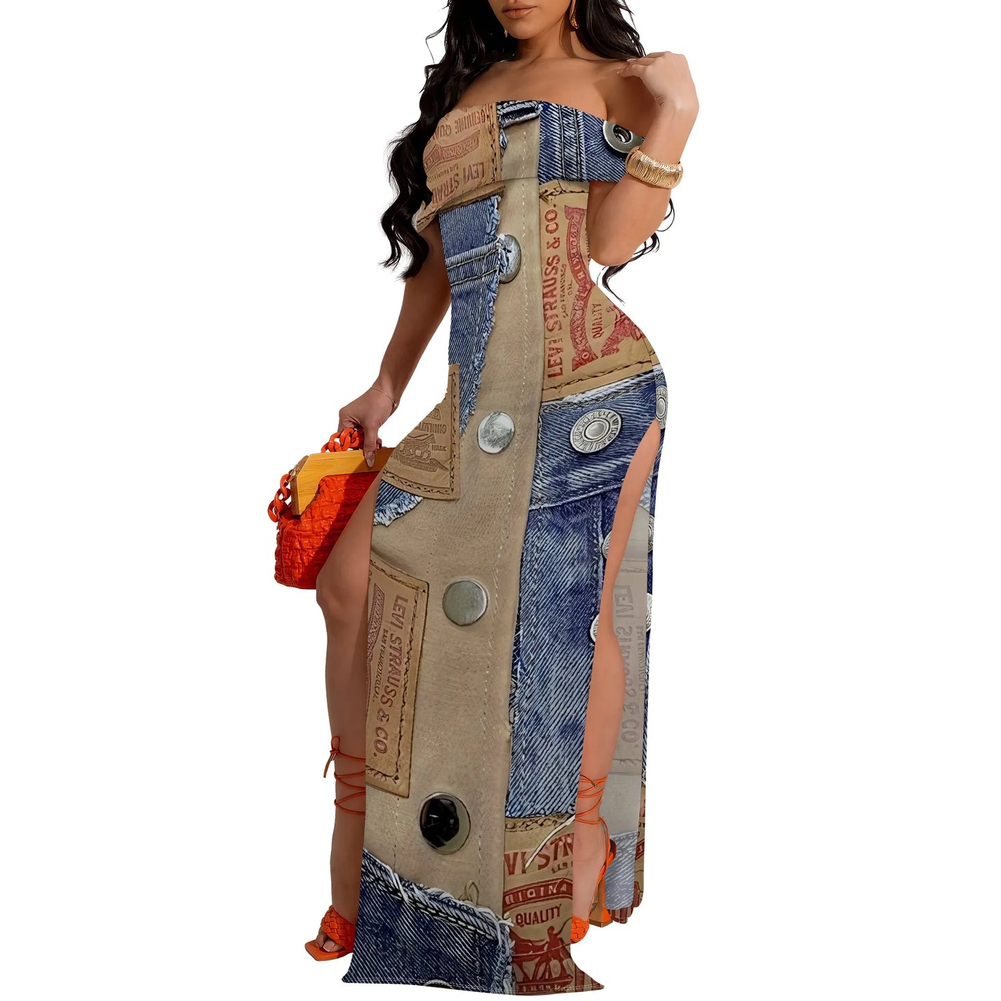 Denim Print Off-Shoulder High Slit Maxi Dress - Women's Trendy Urban Party Evening Resortwear Date Night