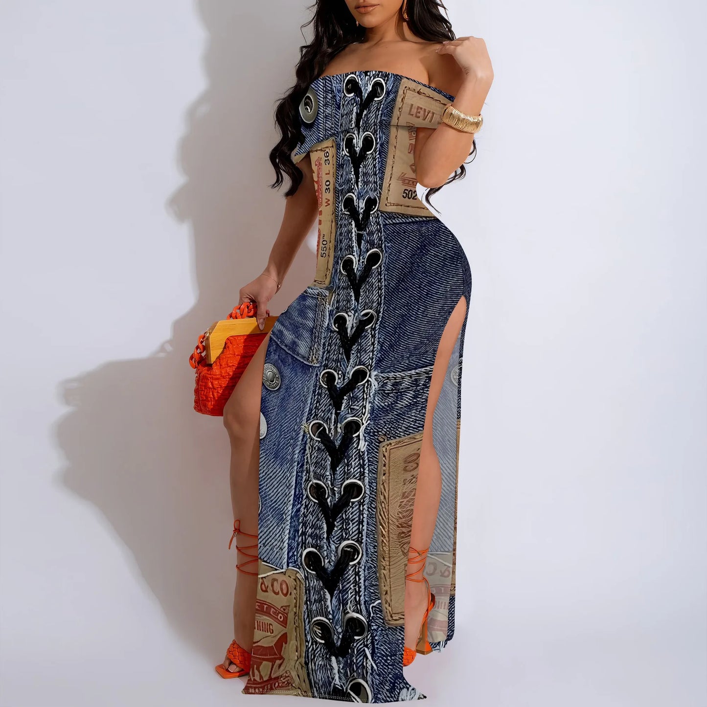 Denim Print Off-Shoulder High Slit Maxi Dress - Women's Trendy Urban Party Evening Resortwear Date Night