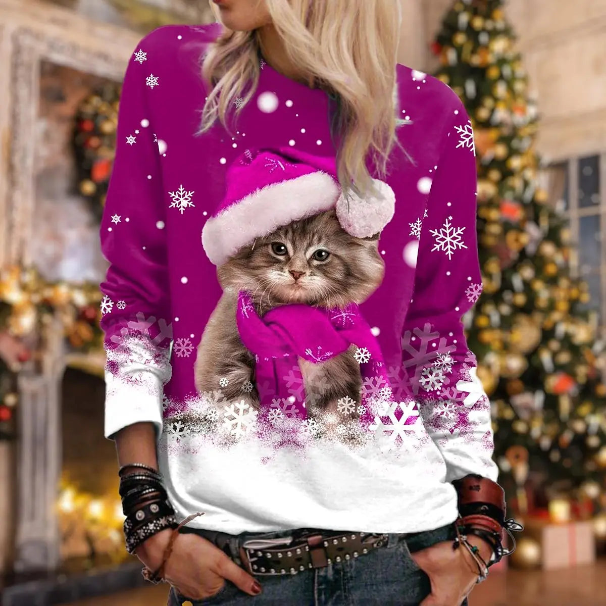 Christmas Women's Sweatshirt Cat Sportswear Holiday Print Christmas Casual Round Neck Long Sleeve Top Micro Stretch S-3XL