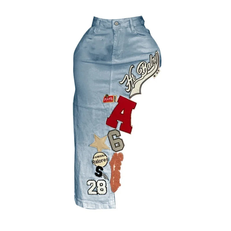 Letter Embroidery Asymmetrical Denim Skirts Women Fashion Vintage Button Fly High Waist Stretch Jeans Calf-length Skirt Bottoms