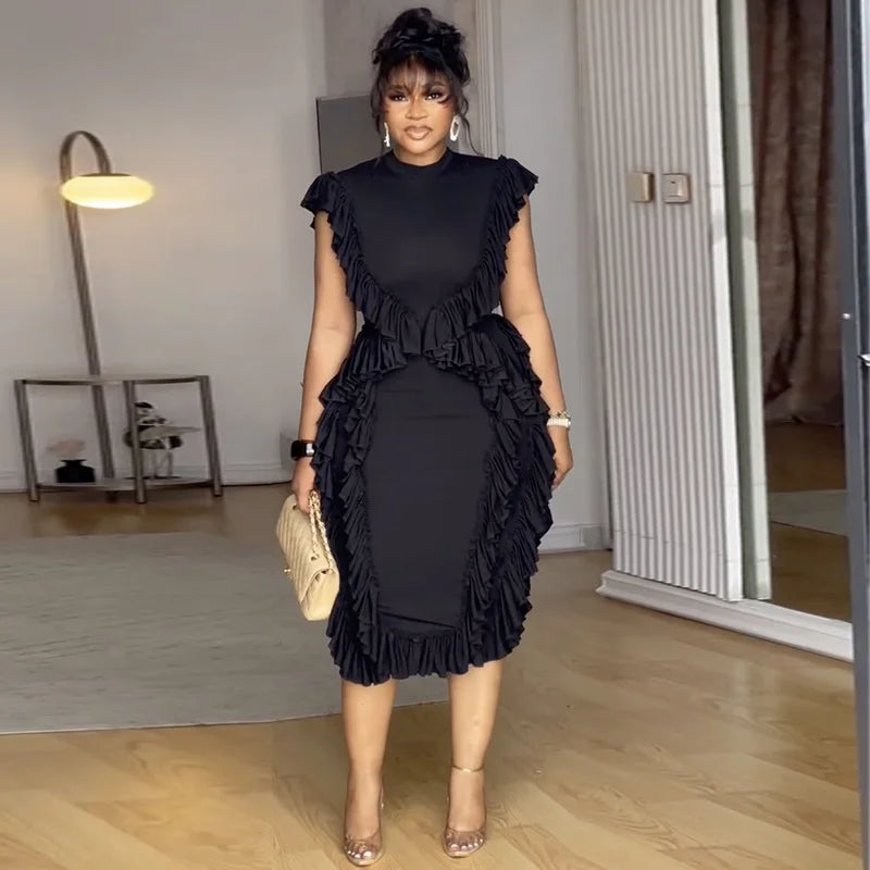 Women Plus Size Skinny Dress Round Neck Tassel Ruffle Hem Sleeveless Bodycon Casual Elegant Streetwear Slim Summer Dresses