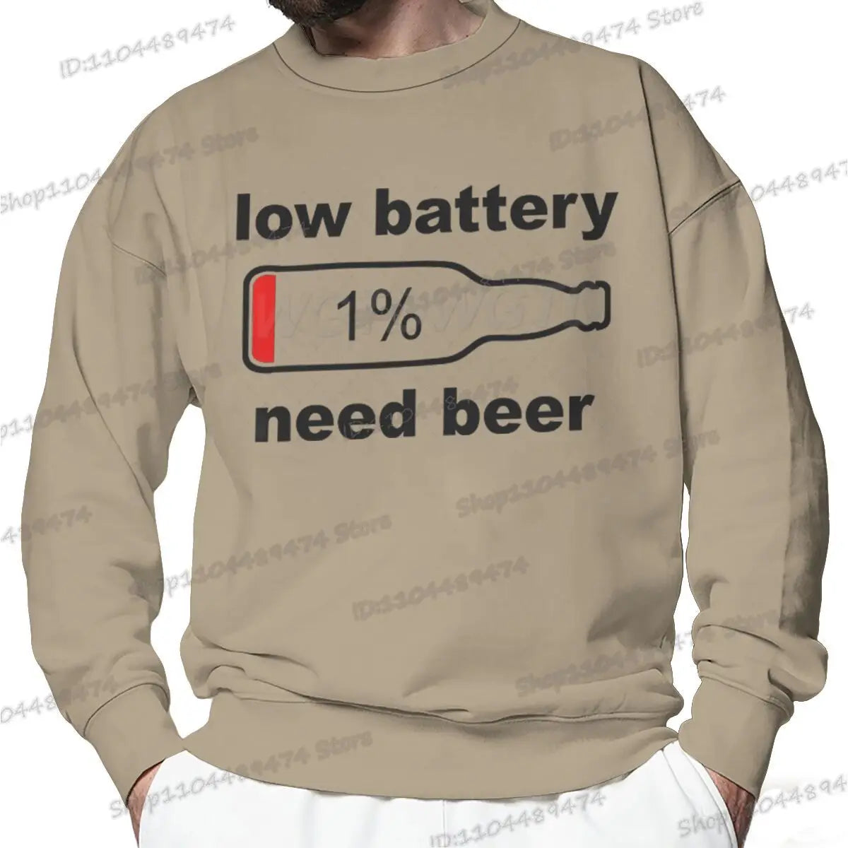 Funny "Low Battery 1% Beed Beer" Men's Sweatshirt Fashion Street Casual Loose Beer Lover Gifts Pullover Unisex Beer Sweatshirts