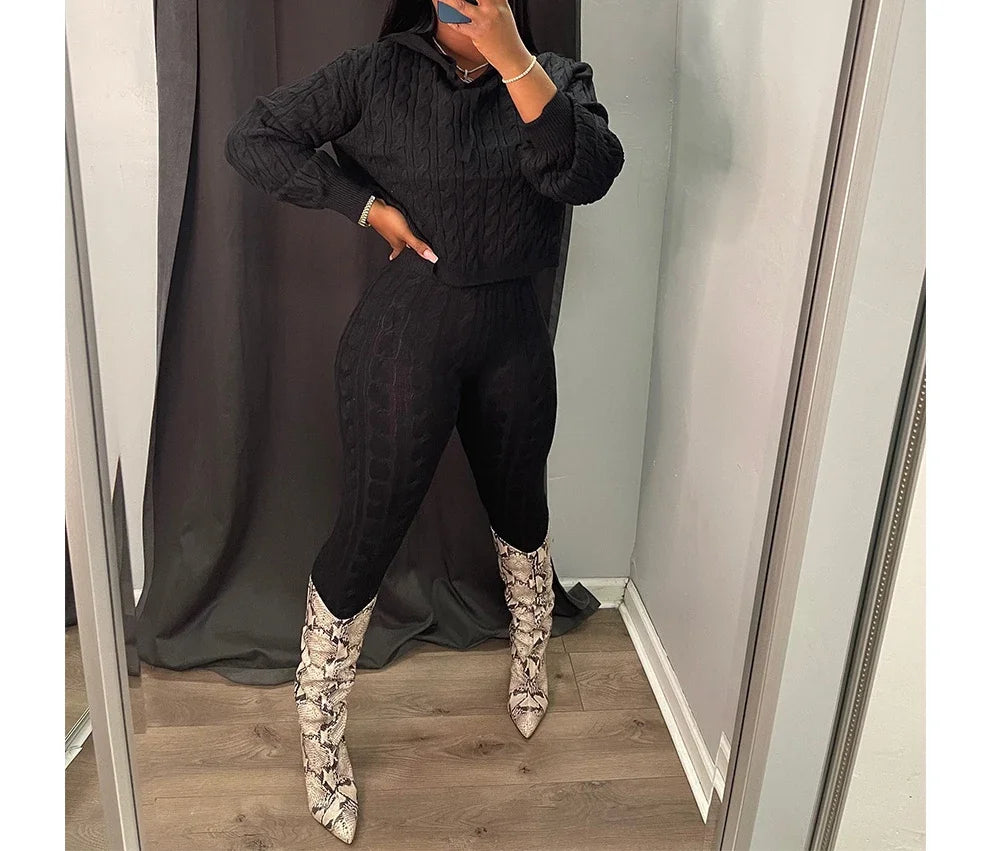 2 Piece Sets Womens Outfits Fashion Long Sleeve Cable Knit Hooded Sweater