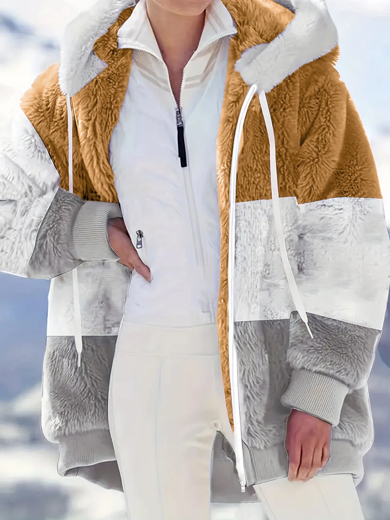 Plus Size Autumn/Winter New Arrivals Women's Autumn/Winter Drop-Shoulder Long-Sleeved Colour-Block Patchwork Fleece Hooded Jacke